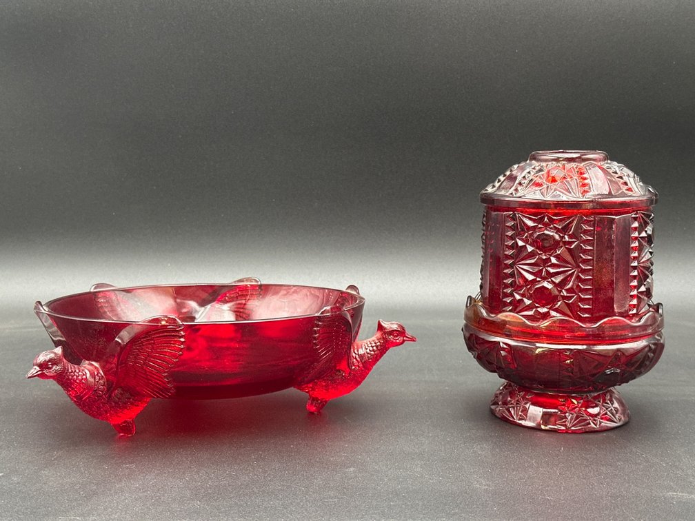 Ruby Red Glass Bowl with Bird Motif and Vintage Glass Hurricane Lamp