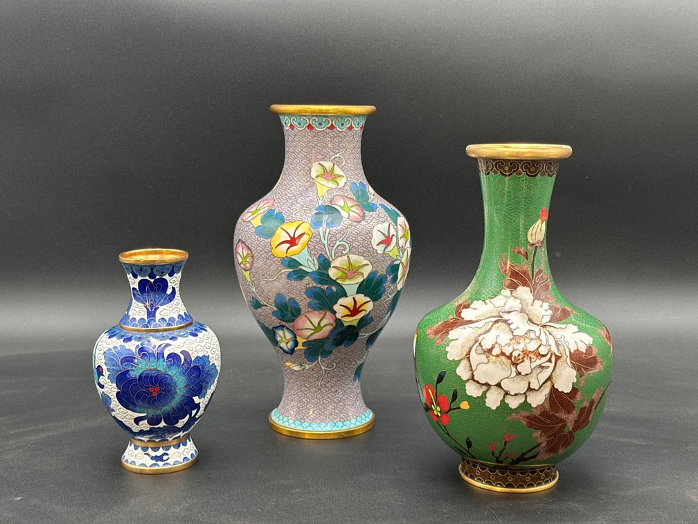 Three Cloisonné Enamel Vases with Floral Designs