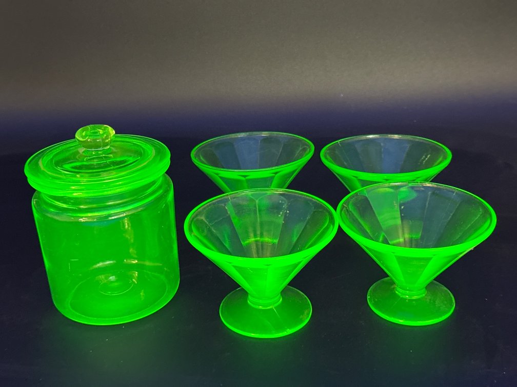 Green Uranium Glass Jar with Lid and Four Cone-Shaped Glasses