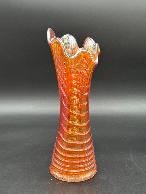 Iridescent Glass Vase with Swirled Design and Ruffled Edge