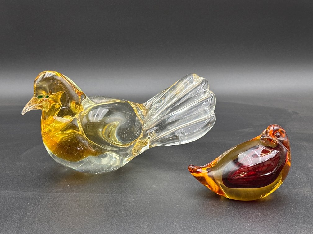 Glass Bird Paperweights in Amber and Red Tones