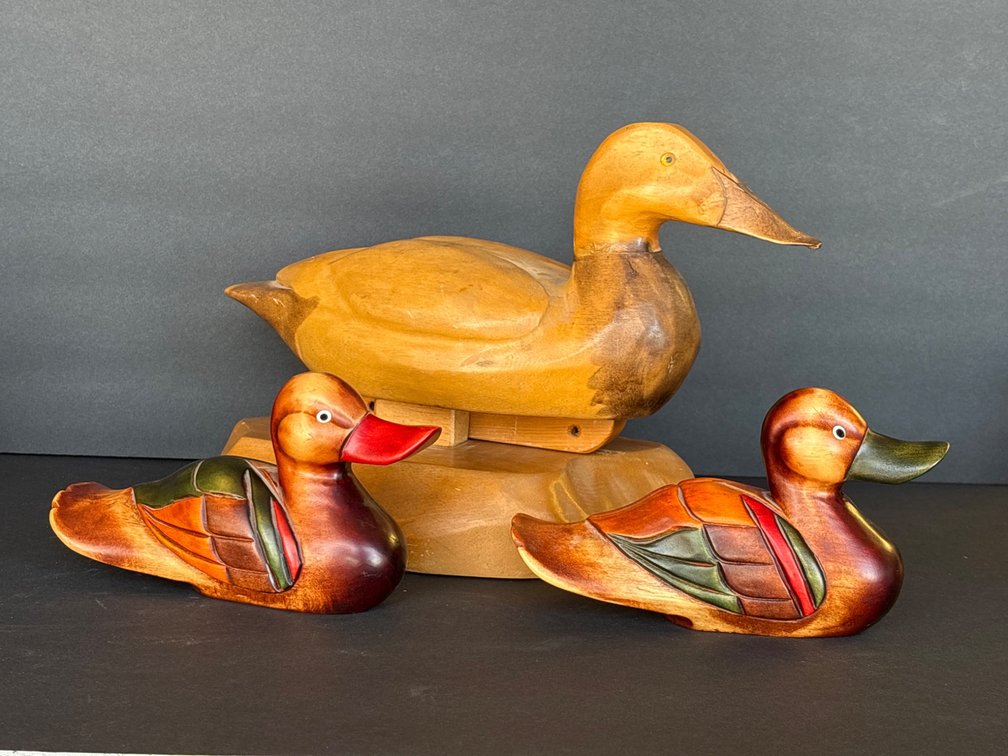 Three Hand-Carved and Painted Wooden Ducks