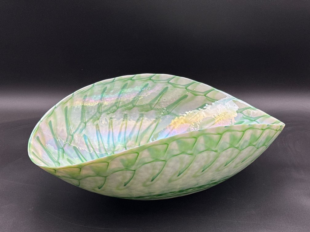 Large Handcrafted Iridescent Glass Bowl with Green Pattern