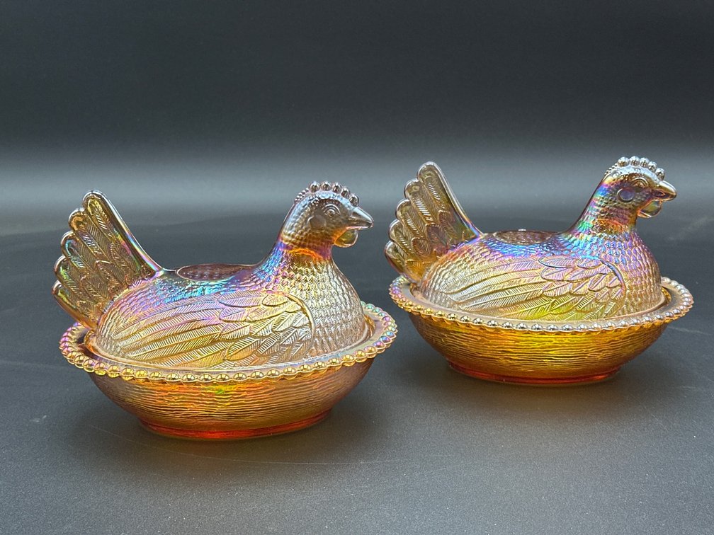 Iridescent Carnival Glass Hen-on-Nest Covered Dishes