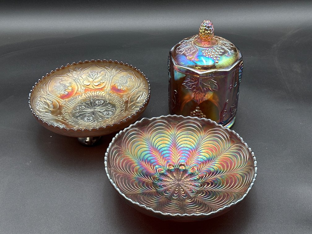 Three Iridescent Carnival Glass Pieces