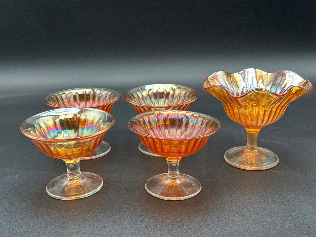 Four Marigold Carnival Glass Sherbet Dishes with Matching Compote Bowl