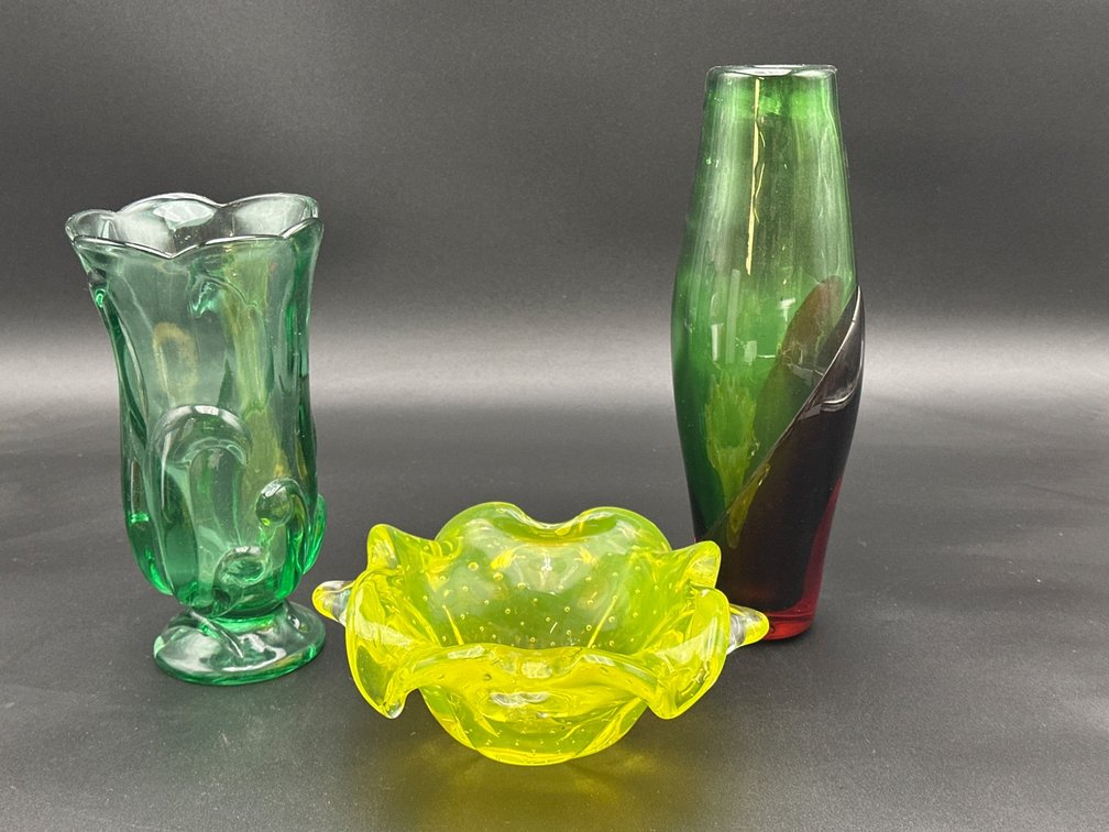 Three Assorted Glass Vases and Bowl in Green and Yellow Tones
