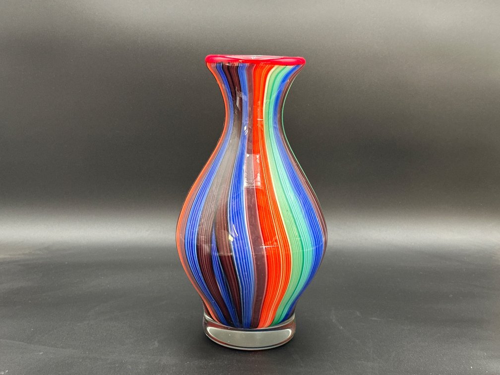 Murano-Style Multicolored Glass Vase With Vertical Stripes