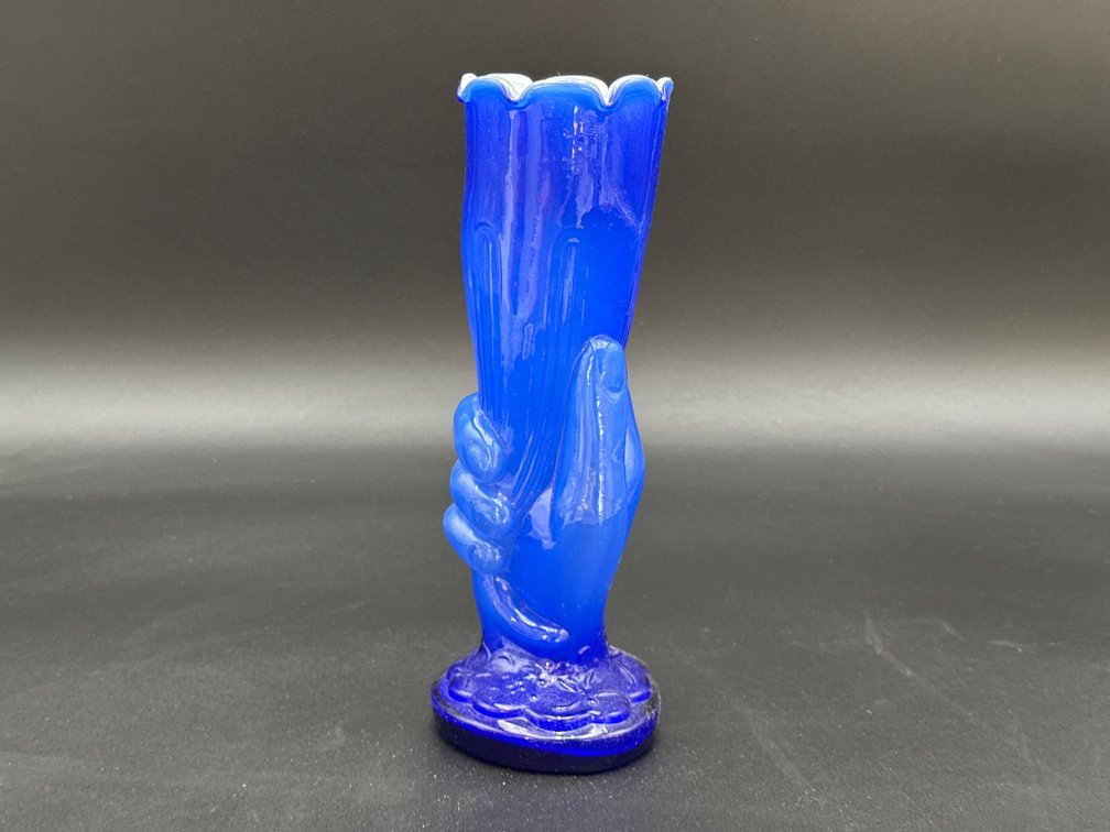 Cobalt Blue Glass Vase in Hand Shape with Scalloped Rim