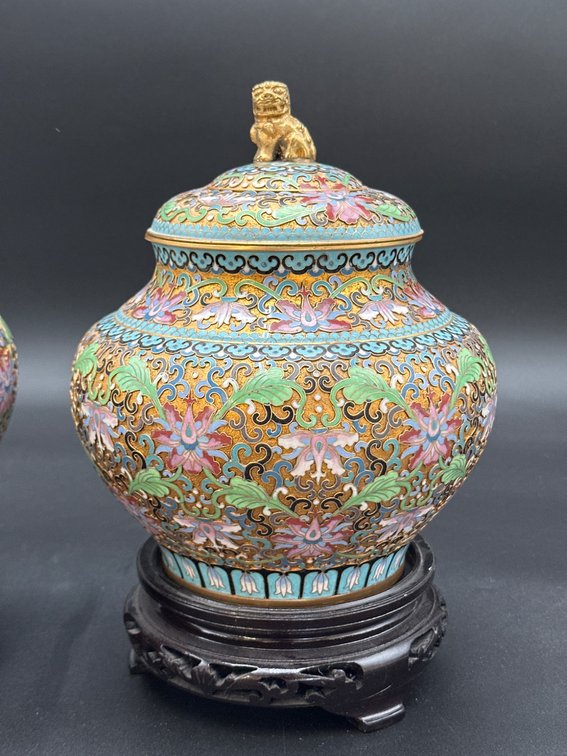 Chinese Cloisonne Lidded Jar with Foo Dog Finial and Wooden Stand
