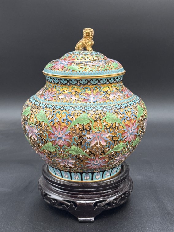 Chinese Cloisonne Lidded Jar with Fu Lion Finial and Wooden Base