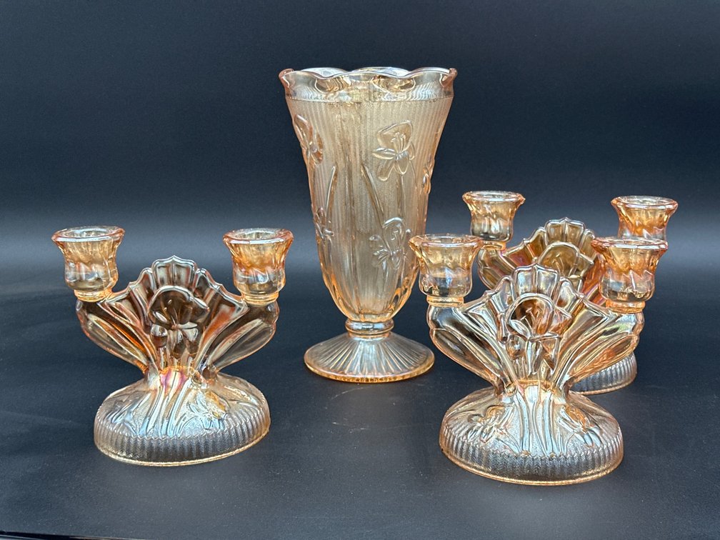 Iridescent Glass Vase and Three Double-Arm Candle Holders Set