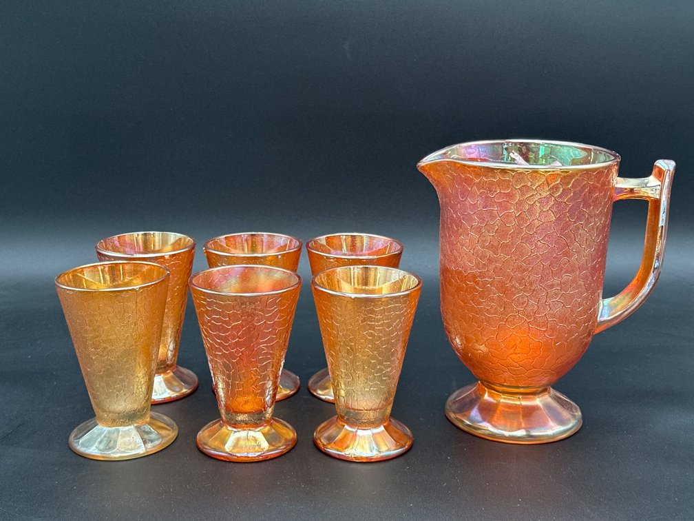 Seven-Piece Iridescent Marigold Crackle Glass Beverage Set