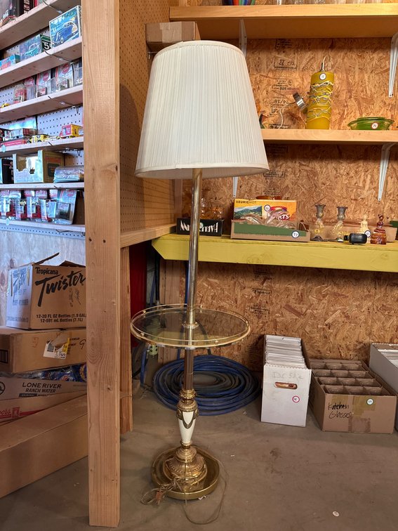Gold and White Brass Floor Lamp with Glass Shelf and Pleated Shade