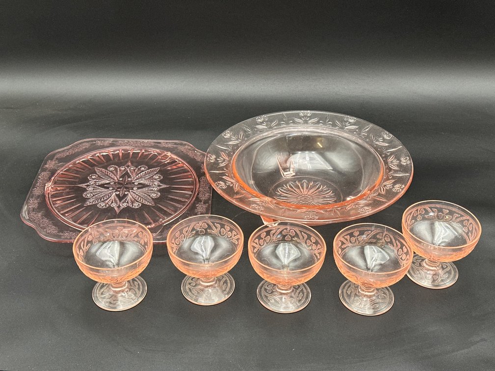 Pink Depression Glassware Set with Bowls, Tray, and Goblets