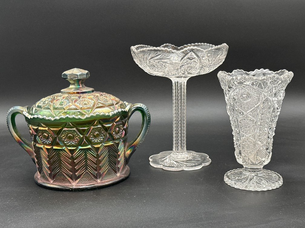 Iridescent Glass Sugar Bowl, Compote, and Vase Set