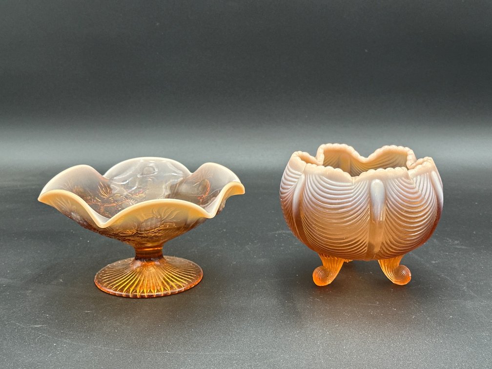 Amber Glass Dishes with Floral and Swirled Motifs