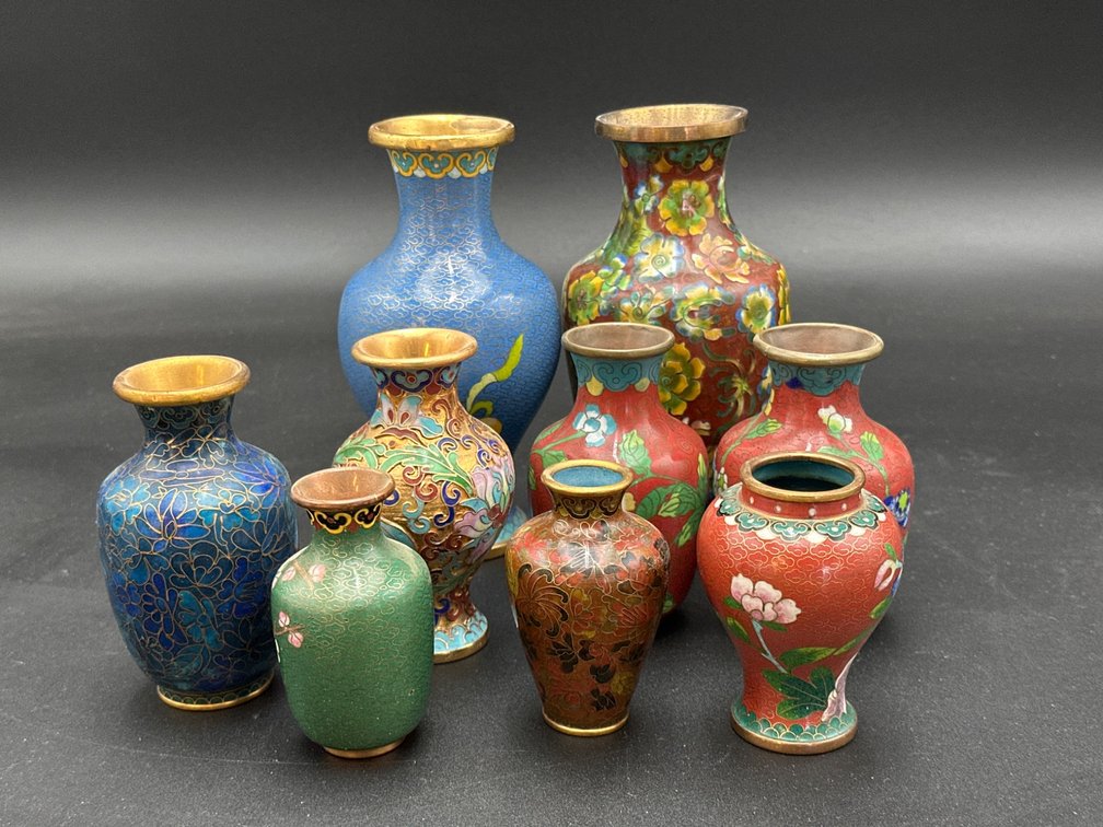 Eight Cloisonné Miniature Vases with Floral Designs