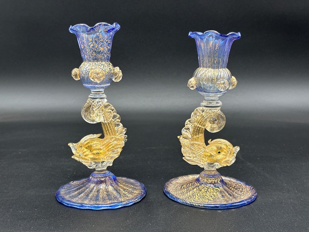 Murano Glass Dolphin Motif Candle Holders with Gold Accents