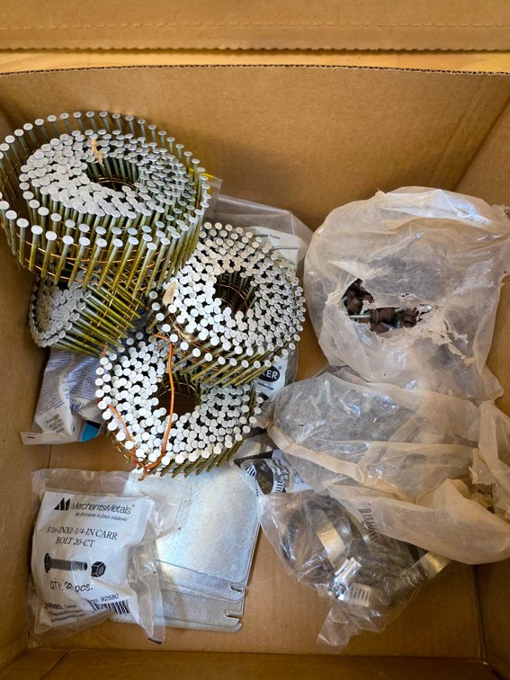Hardware and Construction Supplies Including Clamps, Nails, and Fittings