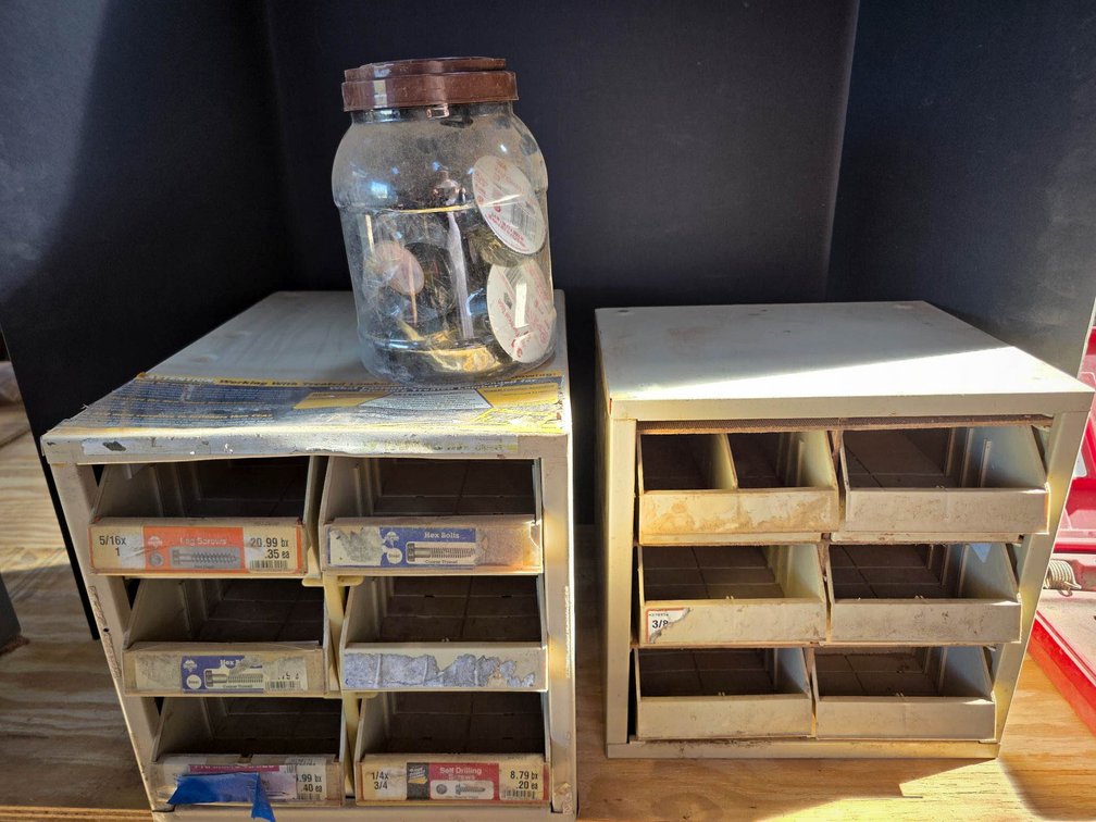 Metal Storage Drawer Units with Miscellaneous Hardware and Jar of Tape Rolls