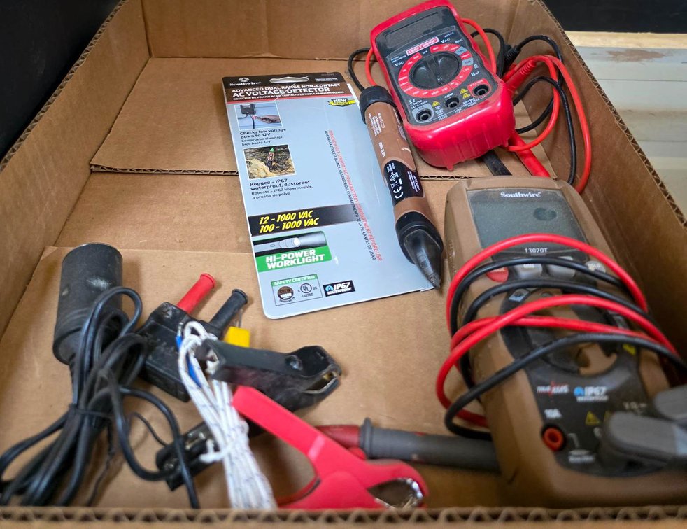 Electrical Tools Including Multimeters, Voltage Detector, and Accessories