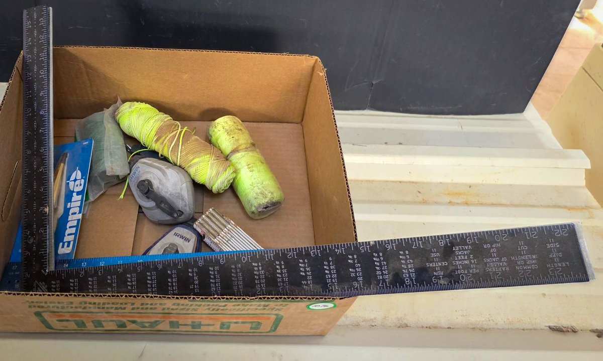 Tool Lot Including Squares, Chalk Lines, String, and Drill Bit