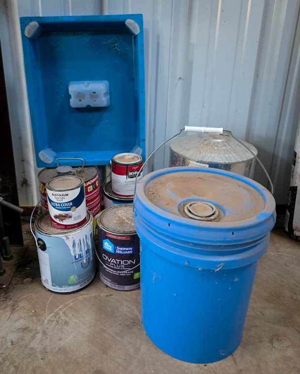 Paint Buckets, Paint Cans, and Miscellaneous Supplies