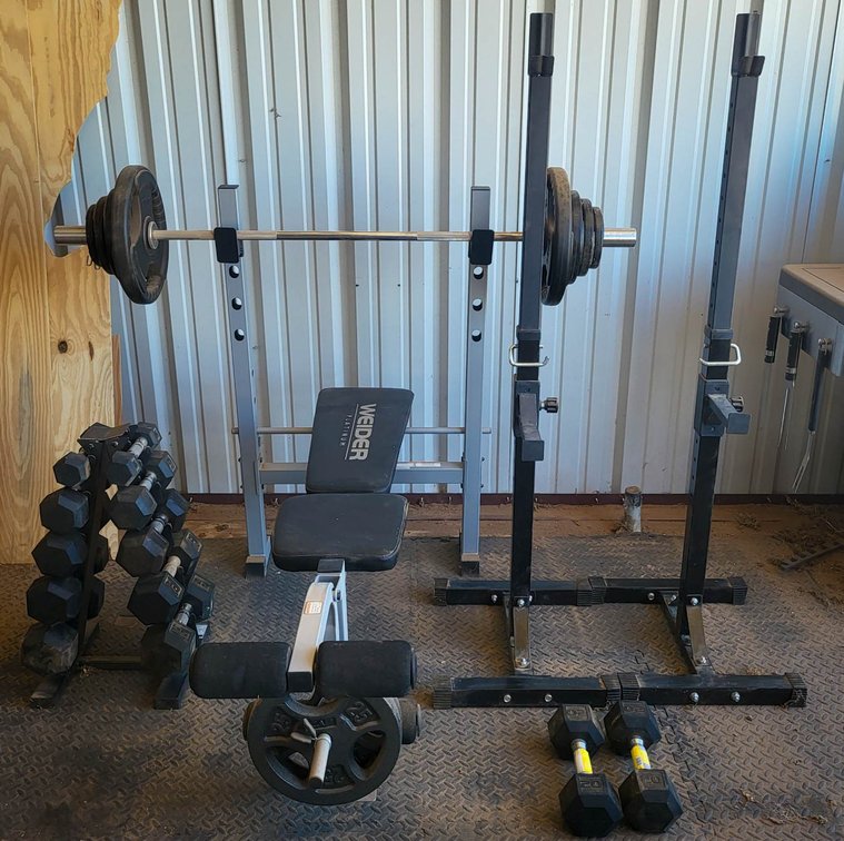 Weider Weight Bench with Barbell, Dumbbells, and Accessories