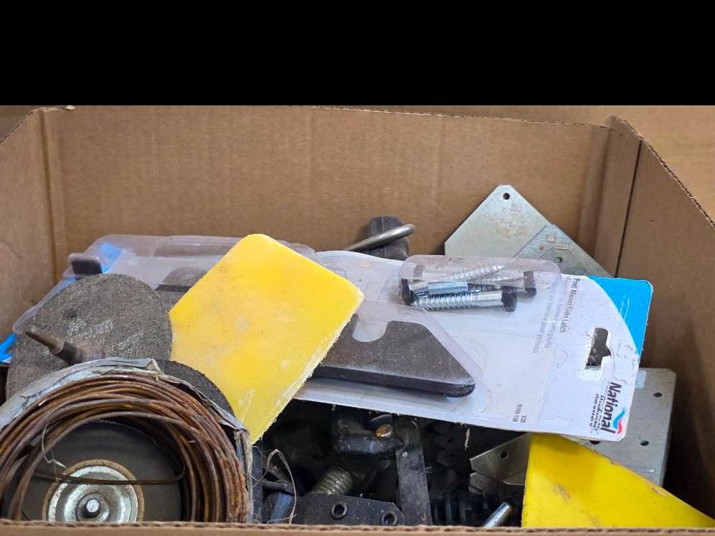 Box Lot of Tools, Hardware, and Metal Components