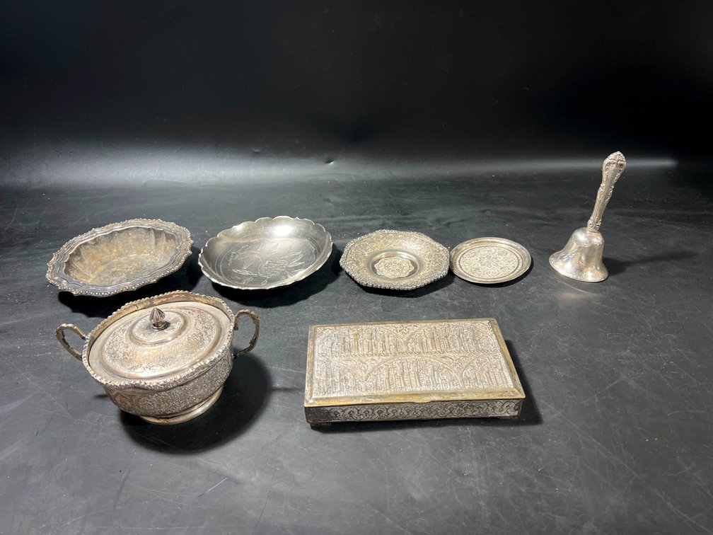 Silver-Plated Decorative and Functional Items Lot with Bell, Bowl, and Box