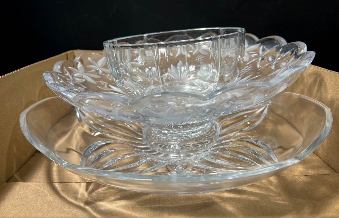 Three Crystal Serving Bowls with Decorative Patterns