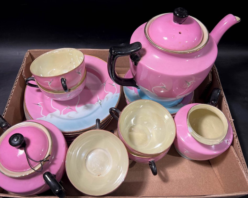 Pink and Blue Tea Set with Crane Design – 23 Pieces