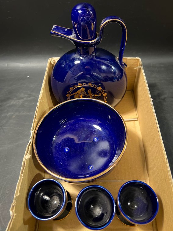 Korean Cobalt Blue Ceramic Drinkware Set with Gold Detailing, 1978