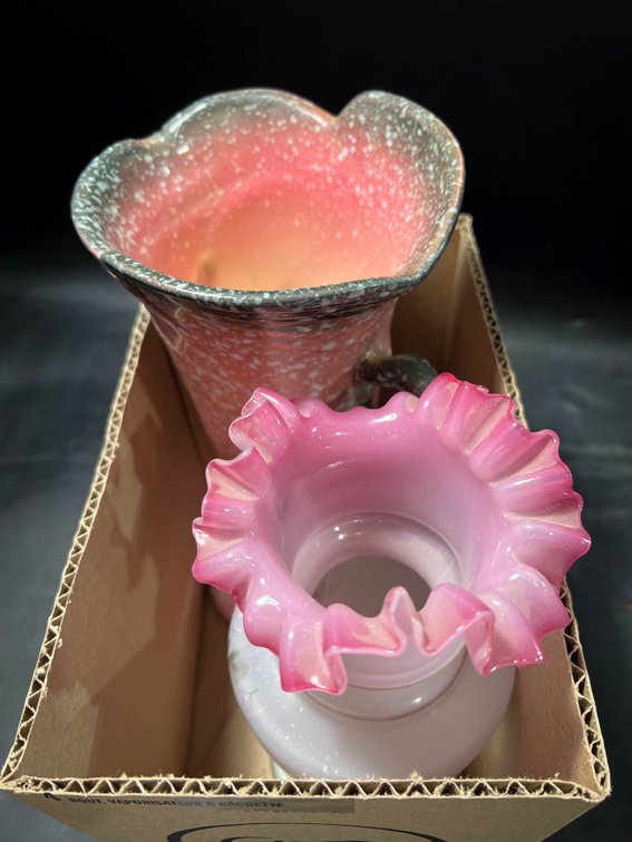 Hull Pottery Vase and Hand-Painted Art Glass Vase with Ruffled Top