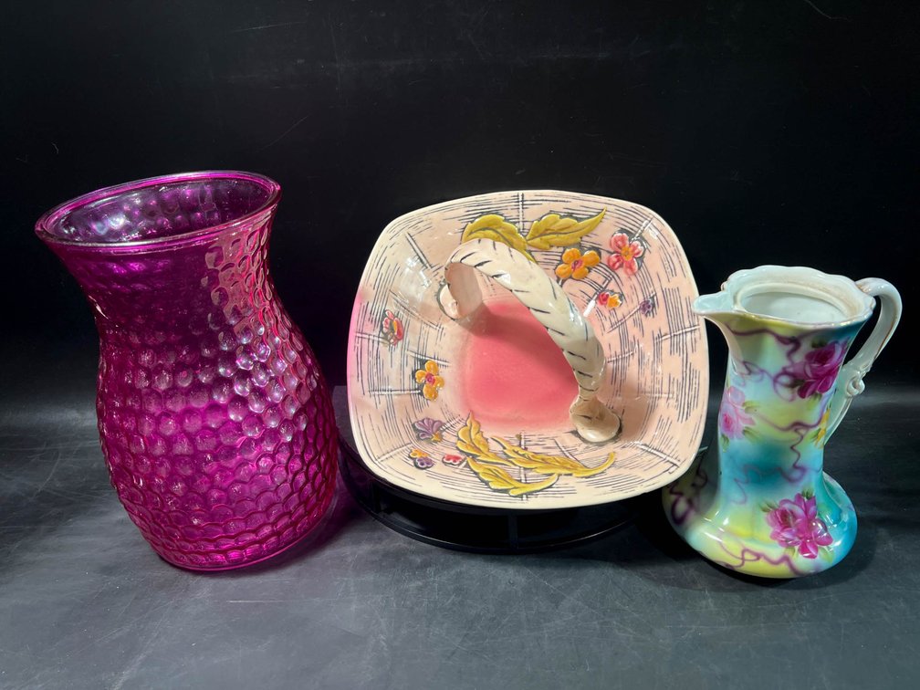 Three Decorative Pieces: Fenton Vase, Hull Basket, and Porcelain Floral Pitcher