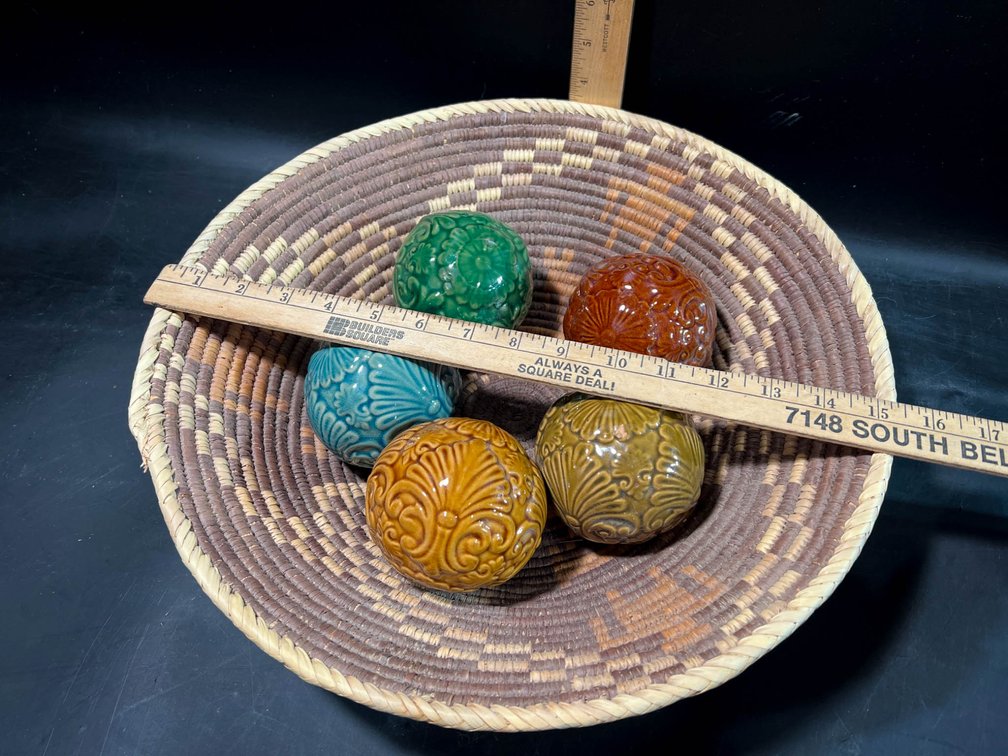 Handwoven Basket with Five Glazed Ceramic Balls