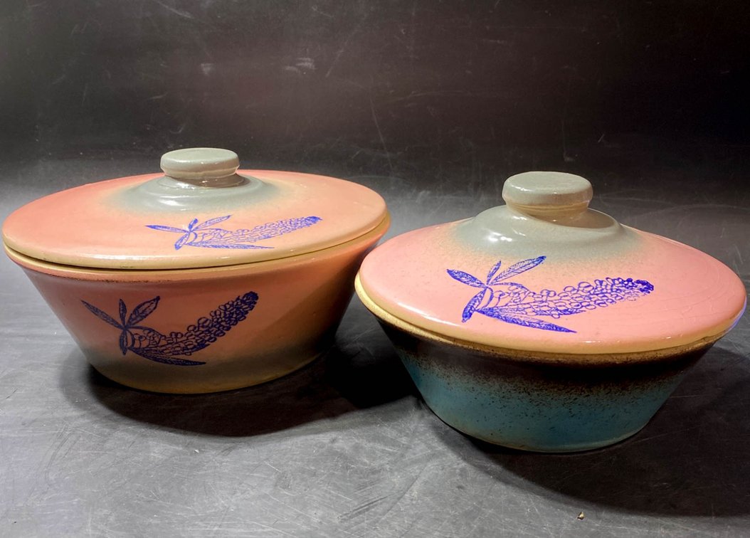 Two Lidded Ceramic Bowls with Floral Motif