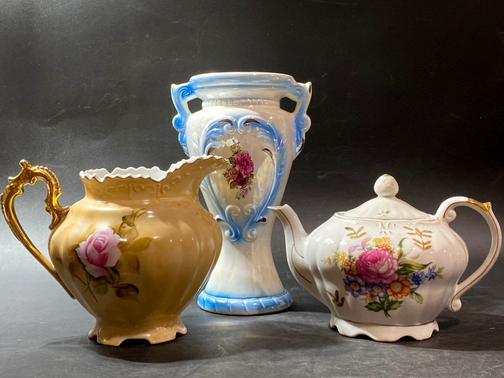 Hand-Painted Ceramic Items: Teapot, Pitcher, and Vase