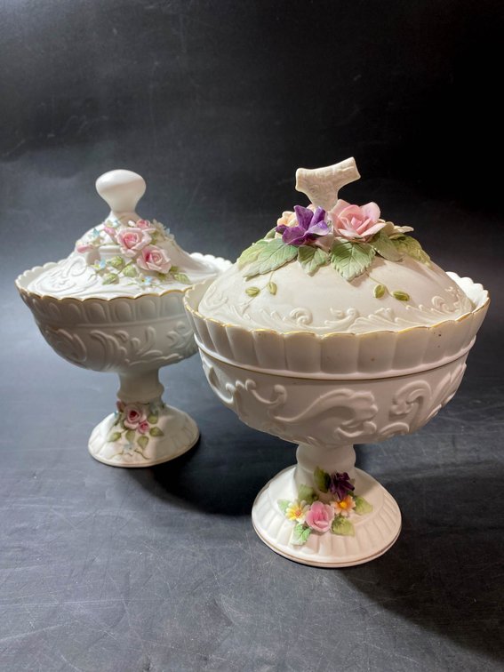 Two Dresden-Style Porcelain Covered Compotes With Floral Decorations