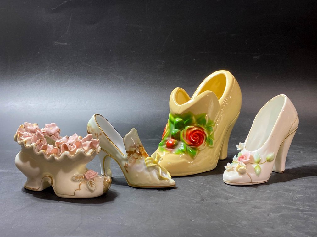 Four Porcelain High Heel and Shoe Figurines with Floral Details