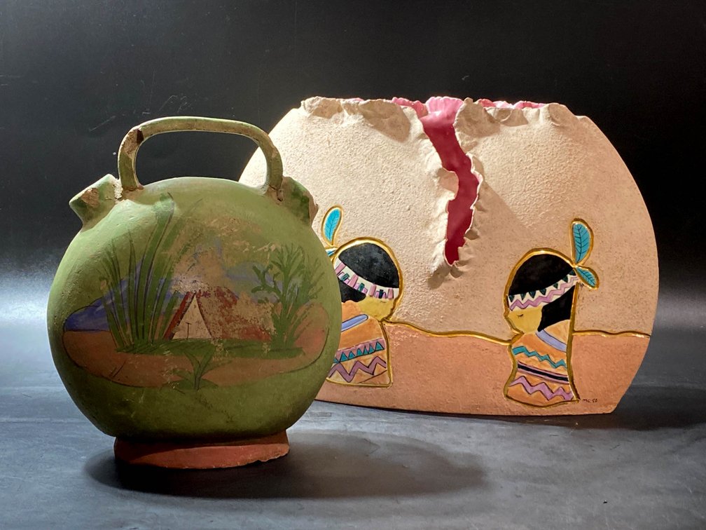 Decorative Pottery Vase and Painted Green Ceramic Pitcher