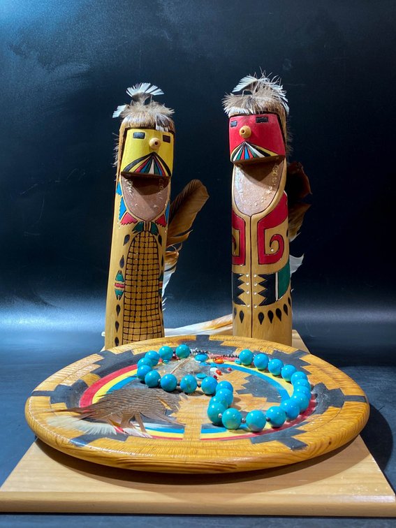 Handcrafted Wooden Kachinas and Plate with Beaded Necklace