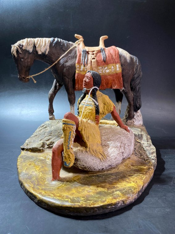 Dan Monfort 1985 Western Sculpture with Native American Woman and Horse