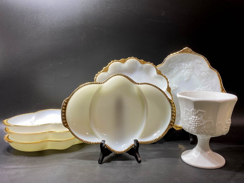 Milk Glass Serving Dishes and Compote with Gold Trim and Raised Grape Motif