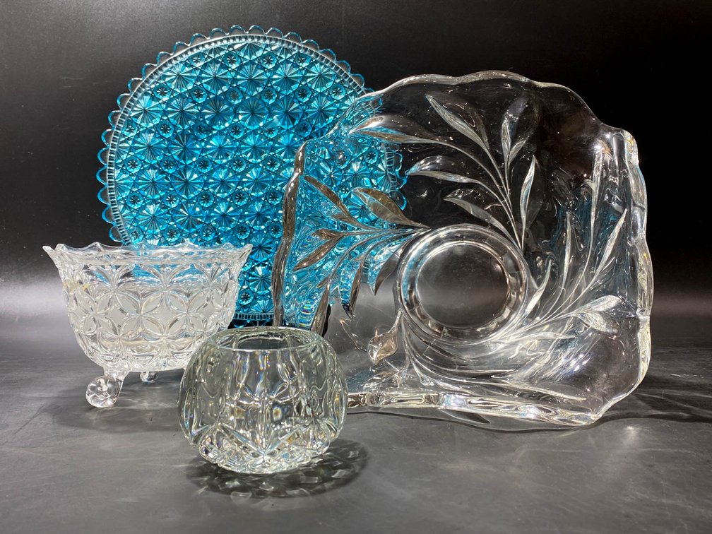 Colored and Clear Pressed and Etched Glassware Including Plates and Bowls