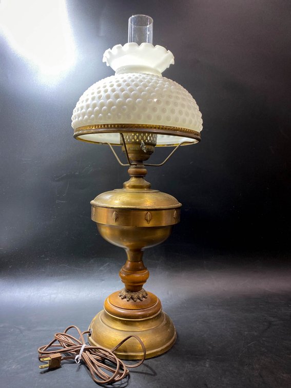 Electric Table Lamp with Frosted Hobnail Glass Shade and Brass Base