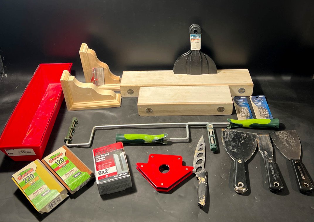 Tools Including Knives, Putty Knives, Sanding Supplies, and Accessories