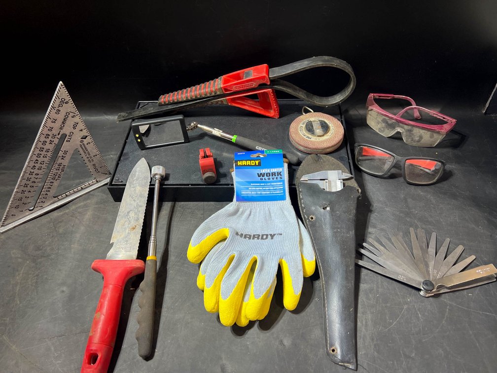 Hand Tools and Accessories Including Gloves, Square, and Safety Glasses
