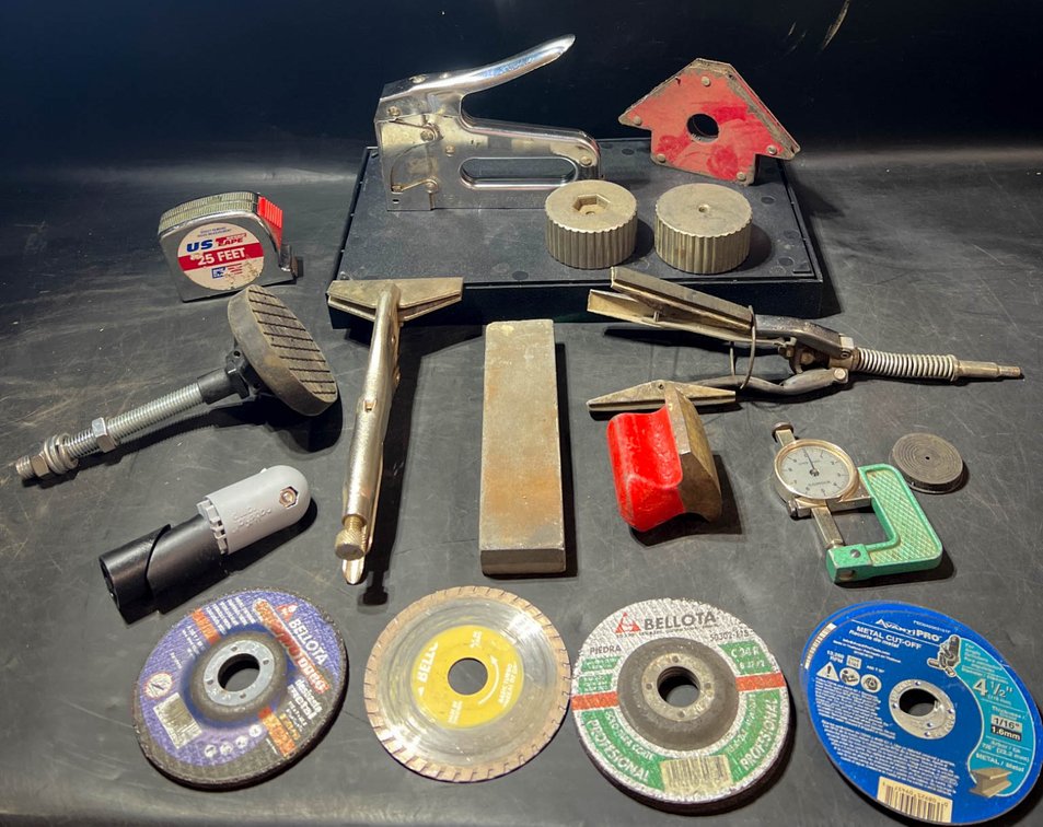 Workshop Tools and Accessories Including Stapler and Grinding Discs